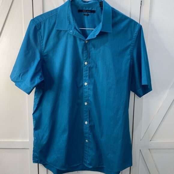 Perry Ellis Men's Slim Fit Short Sleeve Button Down Collared Shirt In Blue Large - Picture 9 of 11